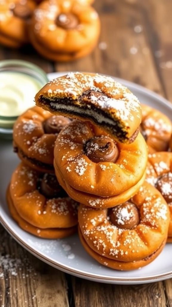 Crispy air fryer Oreos dusted with powdered sugar, revealing gooey filling, on a wooden table.